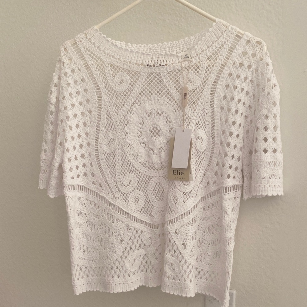 Tahari White Crochet Blouse